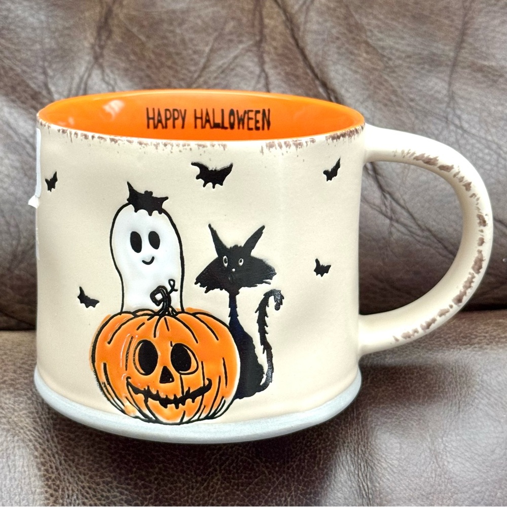 Ghost, Black Cat & Jack O’ Lantern with Bats Ceramic Halloween Mug